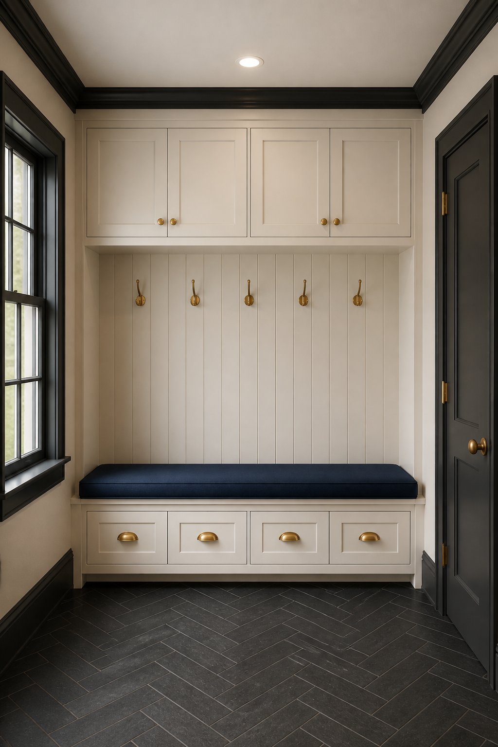 A mudroom with white cabinets, dark-framed windows, a bench, coat hooks, and patterned flooring.