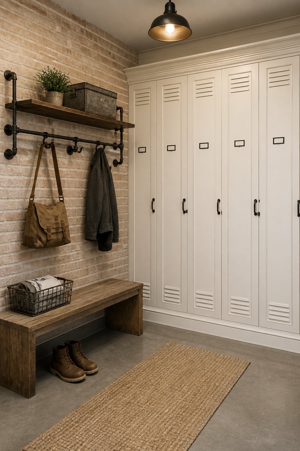 A mudroom with white storage lockers, a bench, wall hooks, brick walls, and a concrete floor.