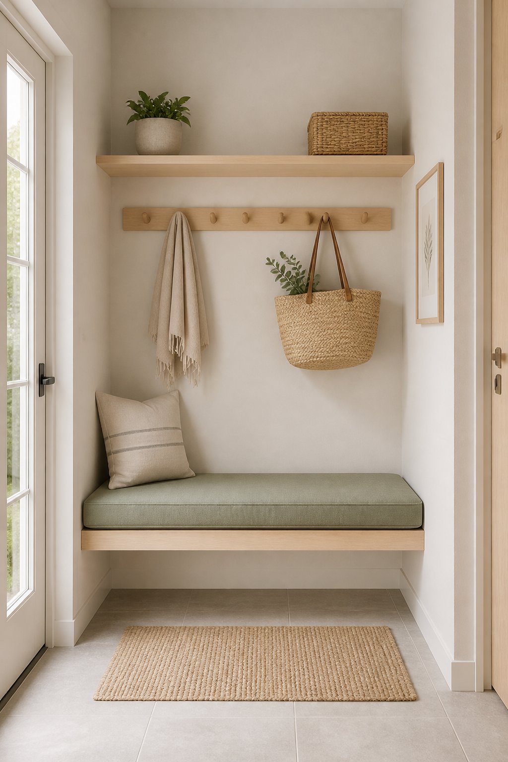 A bright, organized mudroom with a floating bench, wall hooks, and light tile flooring.