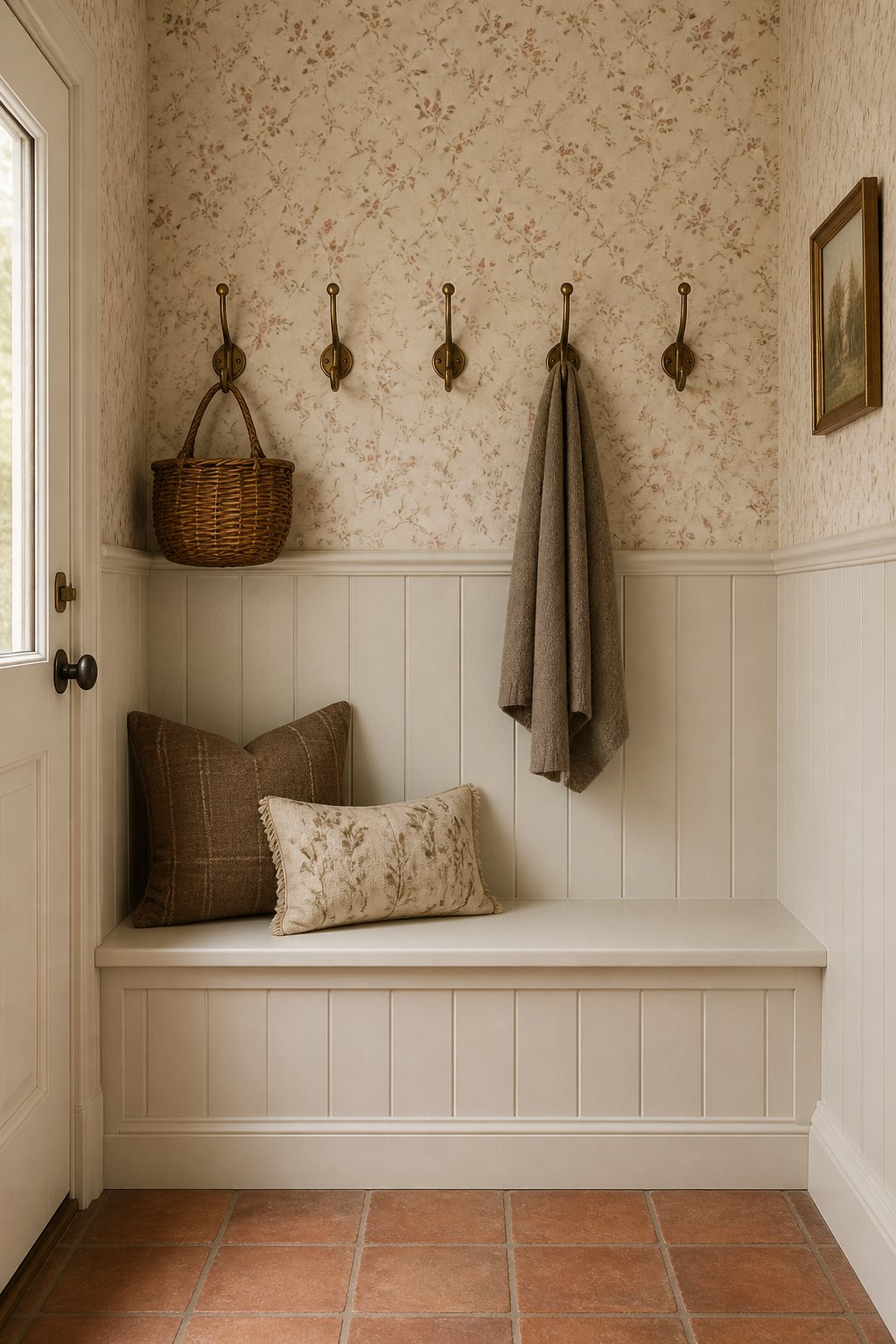 A cozy cottage entryway with a built-in bench, wall hooks, floral walls, and terracotta flooring.