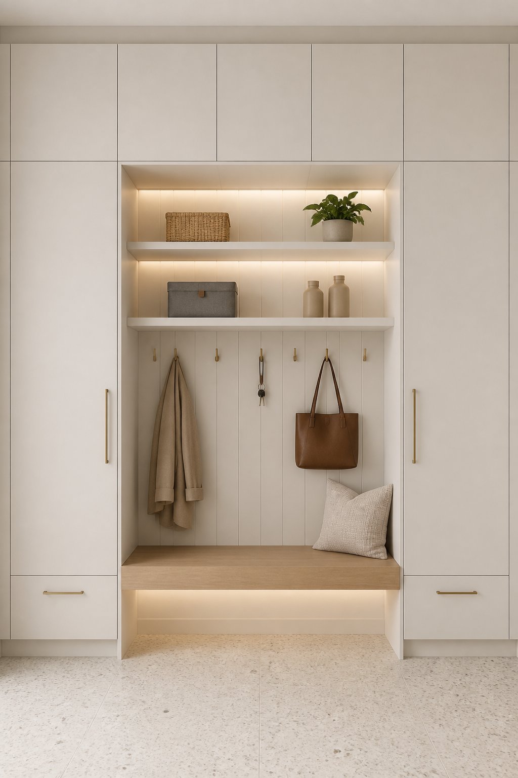 A bright mudroom with white floor-to-ceiling cabinets, open shelving, a bench, and a tiled floor.