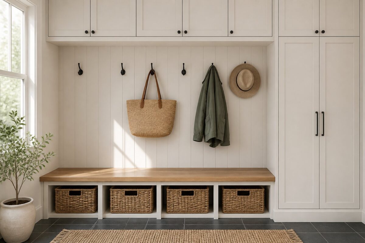 A bright mudroom with white paneled walls, built-in storage, a wooden bench, hooks, baskets, and a dark tile floor.