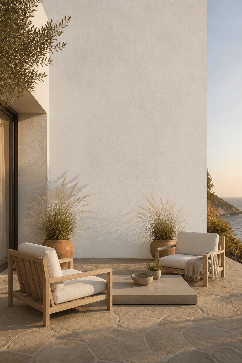 A modern patio with lounge chairs, a low table, potted grasses, and stone flooring beside a light-colored wall.