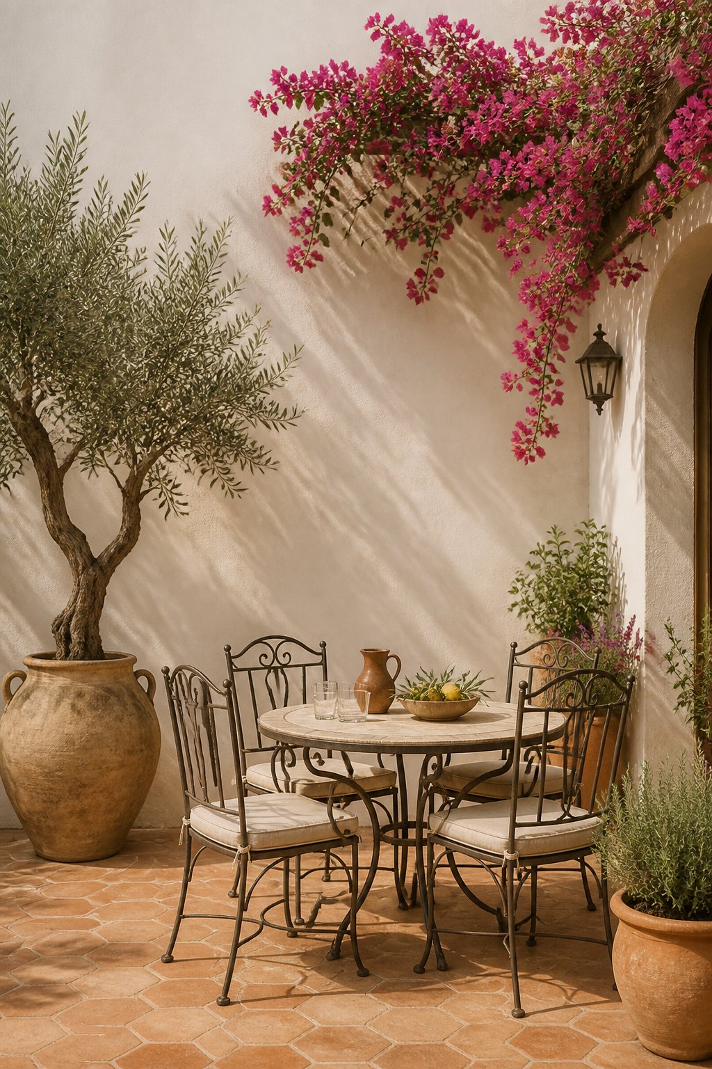 A sunlit courtyard with white walls, terracotta flooring, a wrought-iron table and chairs, a potted olive tree, and flowering vines overhead.