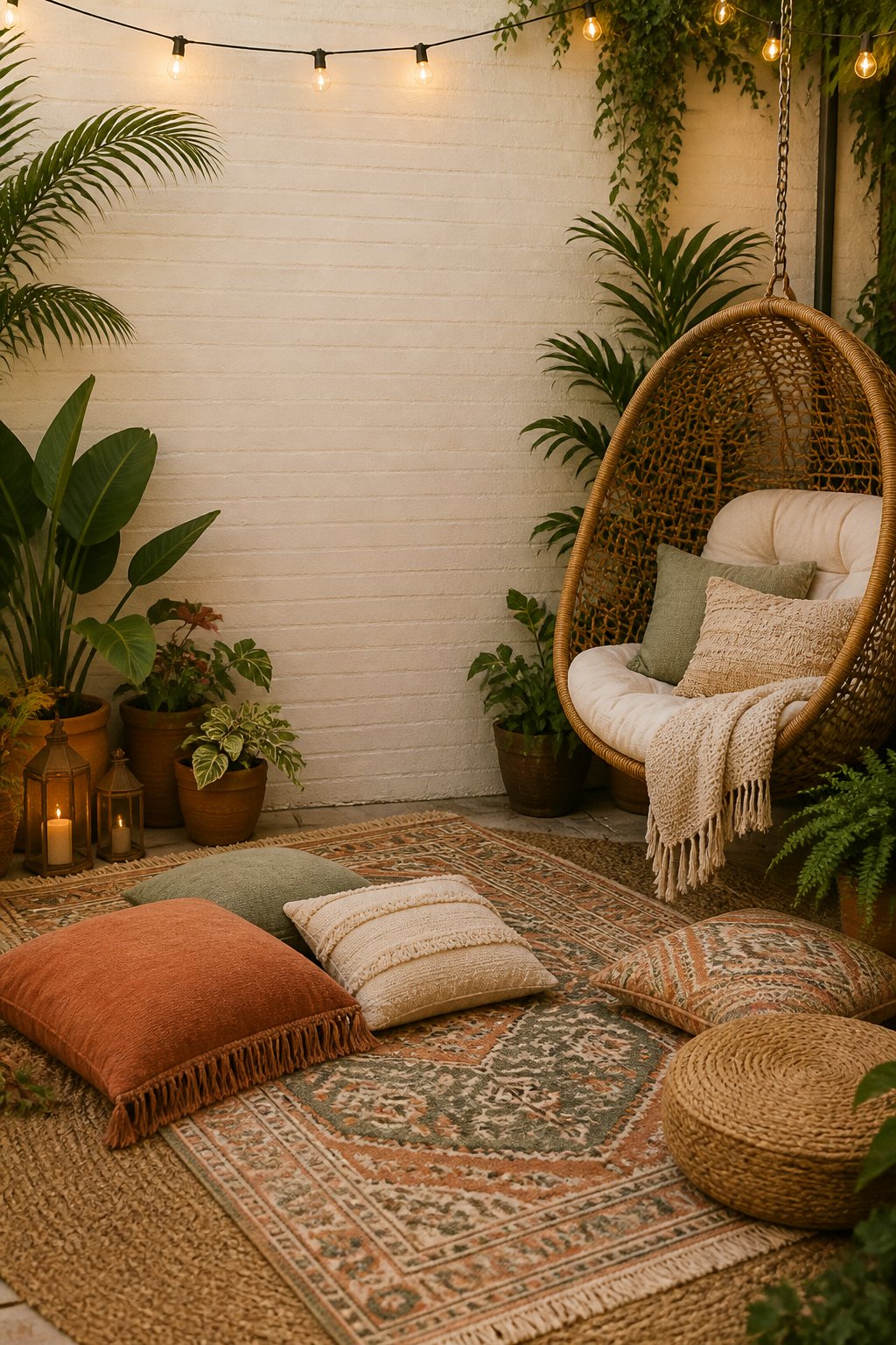 A cozy garden patio with a white brick wall, outdoor seating, rugs, cushions, hanging lights, and potted tropical plants.