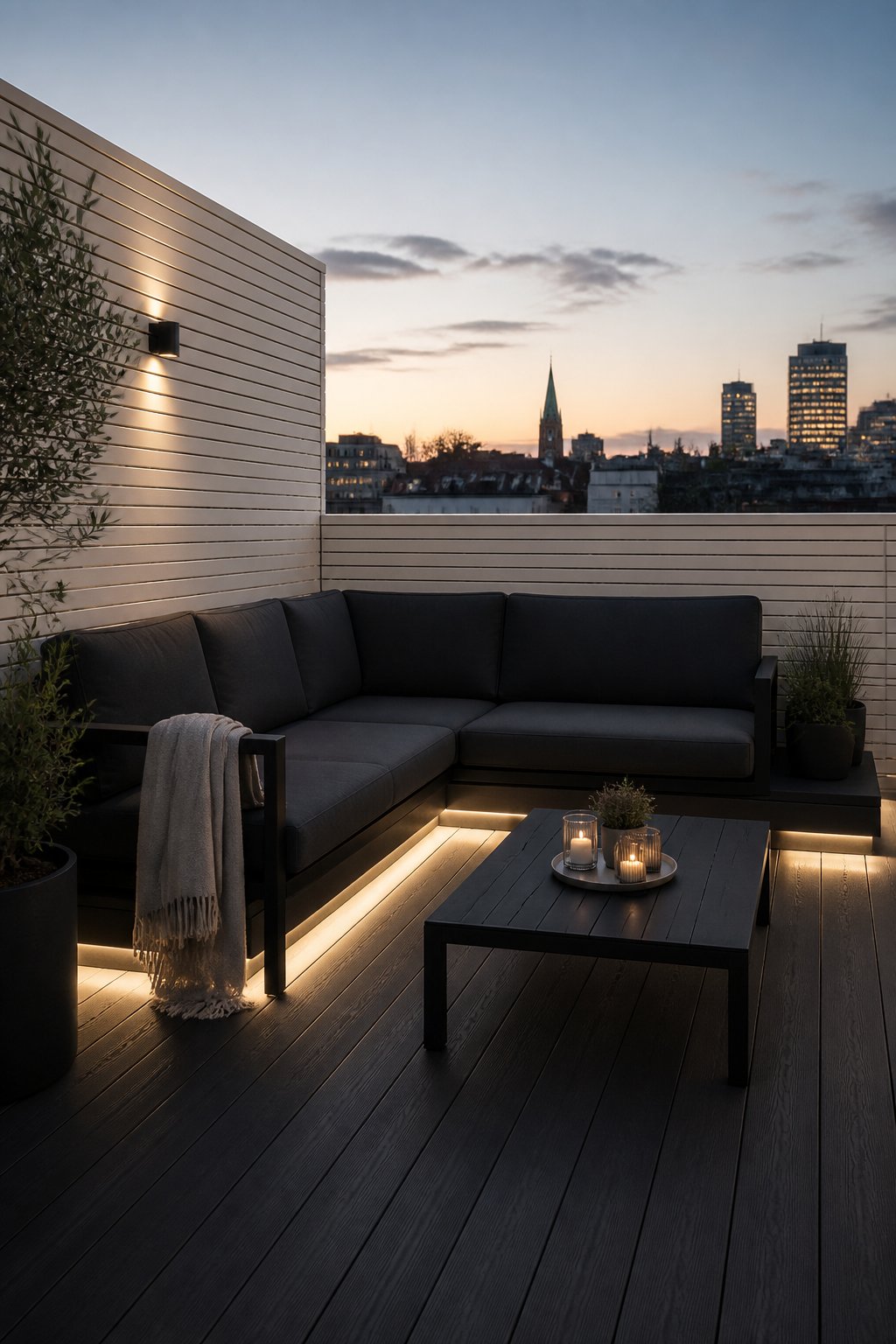 A rooftop patio with white slatted walls, black outdoor seating, dark decking, and a city skyline at dusk.