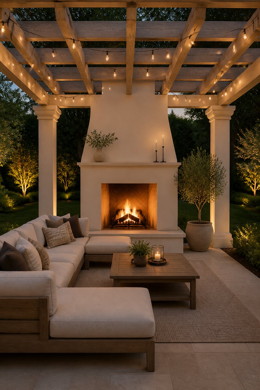 A cozy pergola patio with an outdoor fireplace, sectional seating, a glowing fire, green lawn, and landscape lighting.