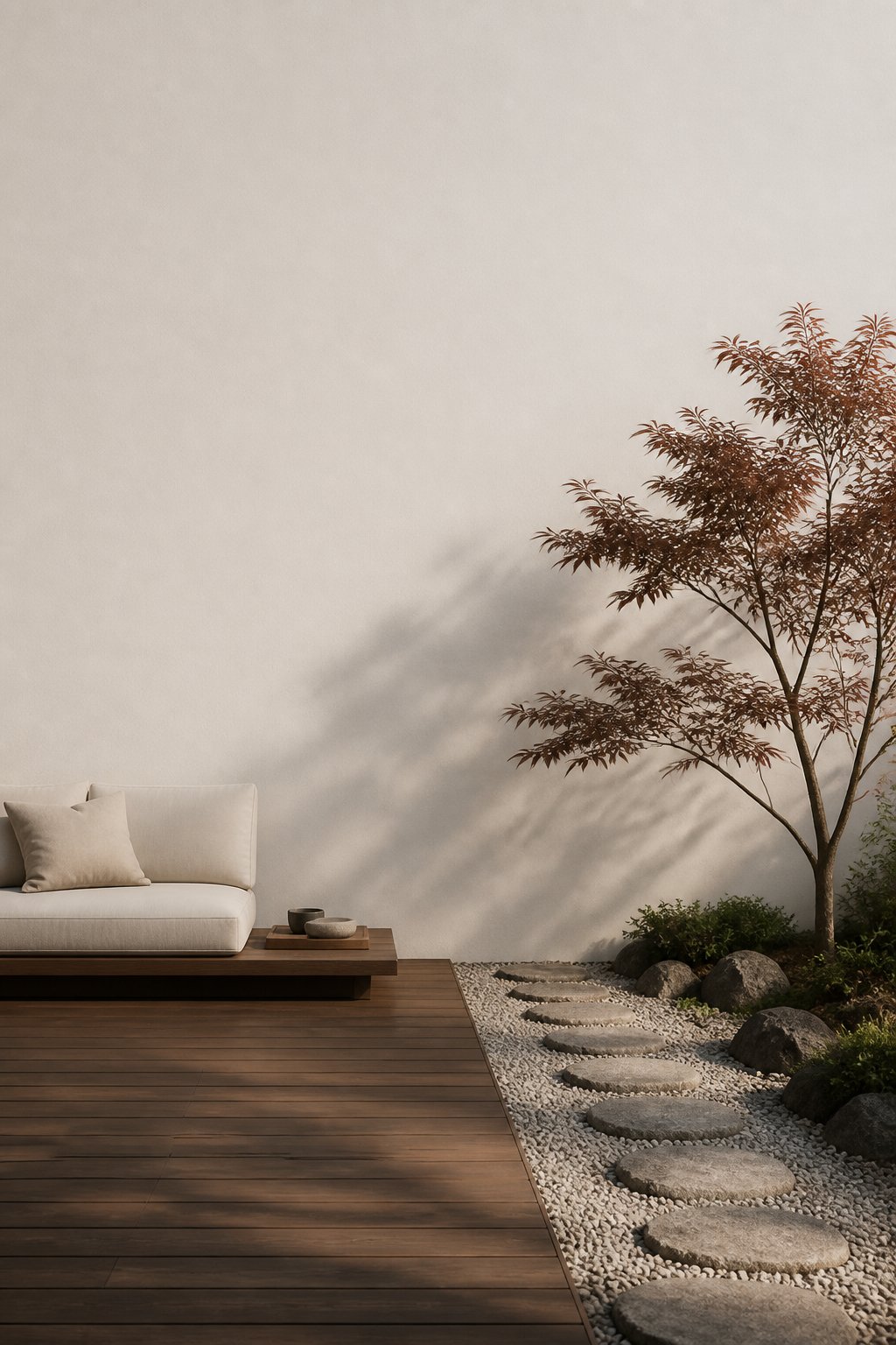 A quiet outdoor terrace with a pale wall, wooden decking, minimalist seating, gravel, stepping stones, and a small tree.