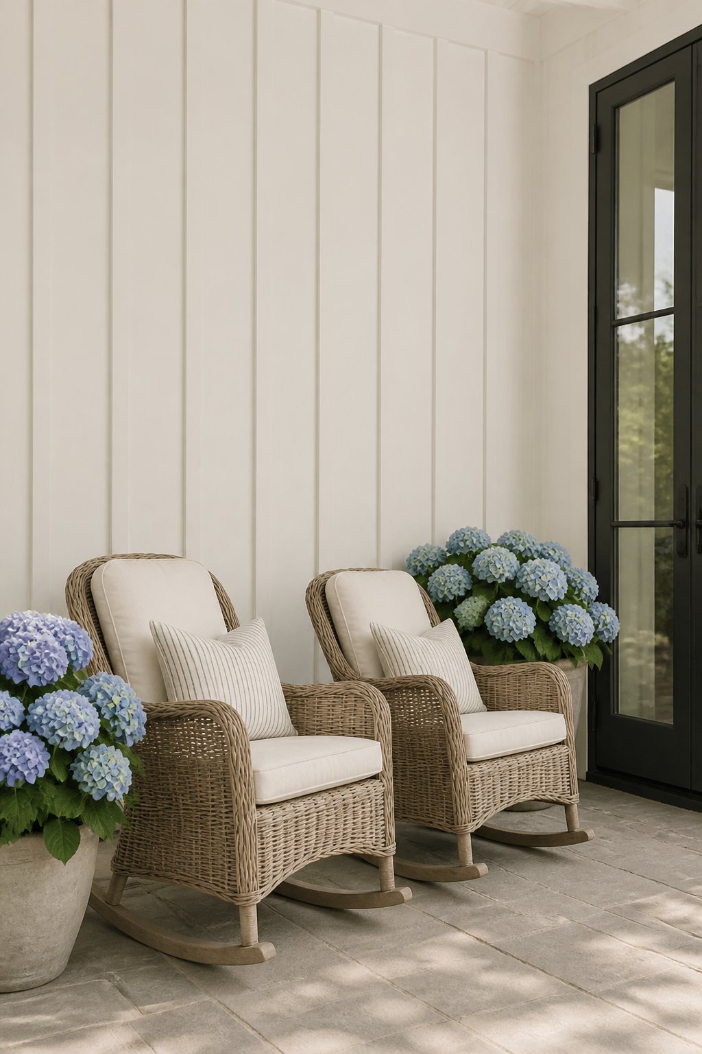 A farmhouse porch with rocking chairs, potted blue hydrangeas, glass doors, and a light gray stone floor.