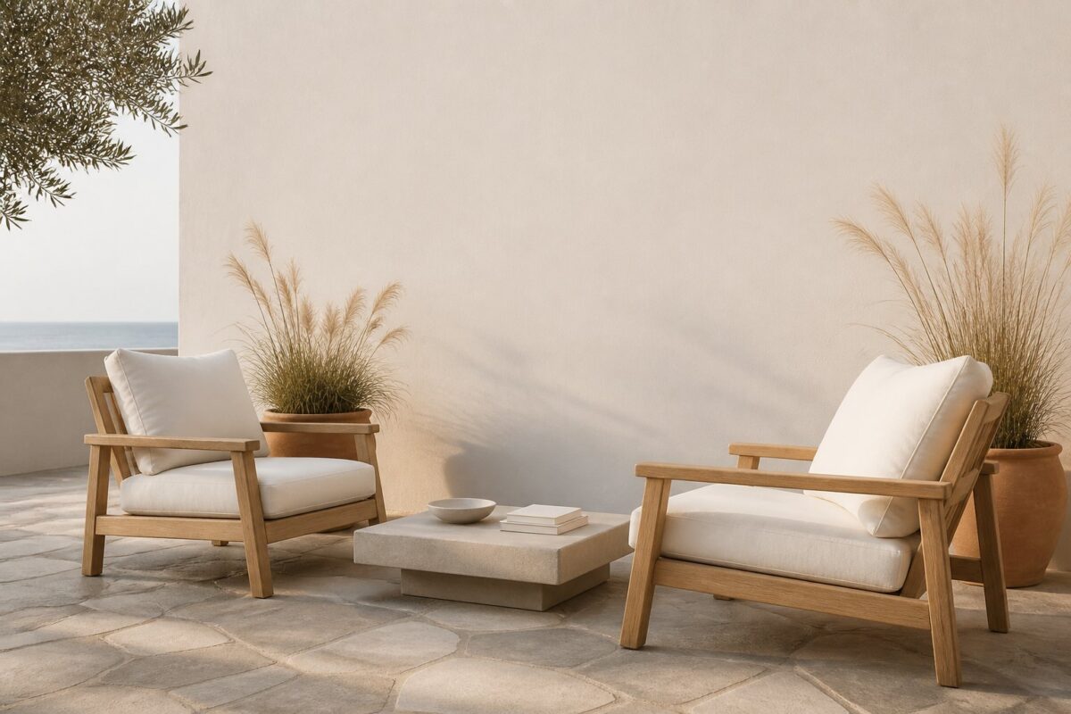 A luxury coastal patio with white stucco walls, teak lounge chairs, a concrete table, potted grasses, and stone flooring in warm sunlight.