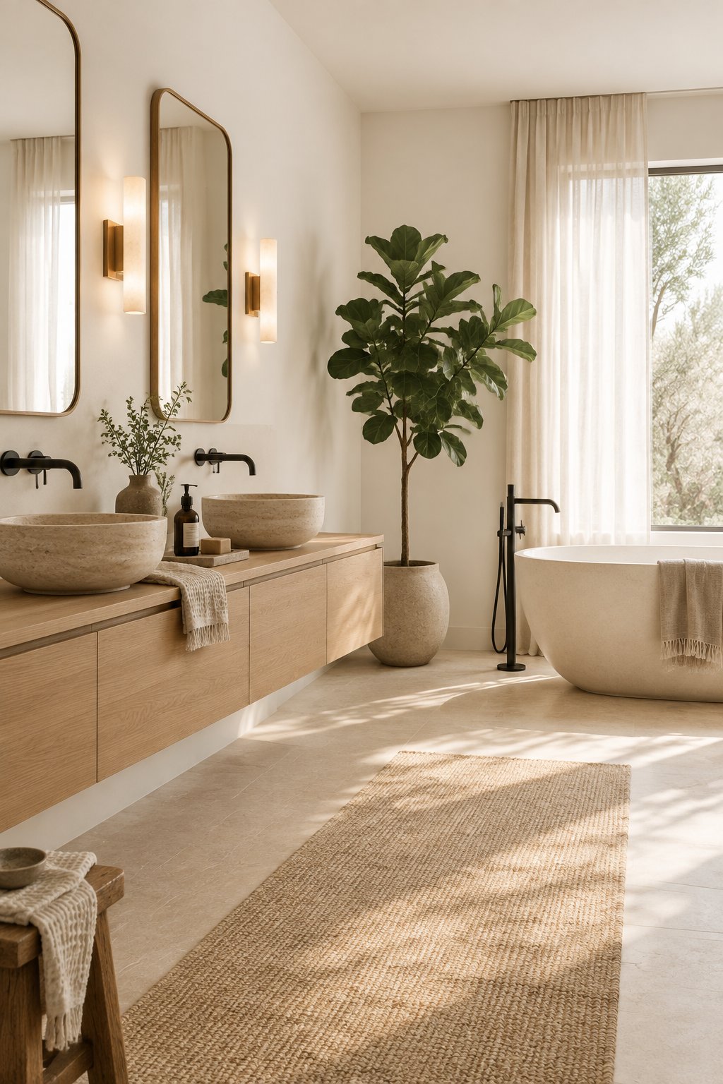 A bright bathroom with a floating wood vanity, two vessel sinks, a freestanding tub, a window, and a tall potted plant.