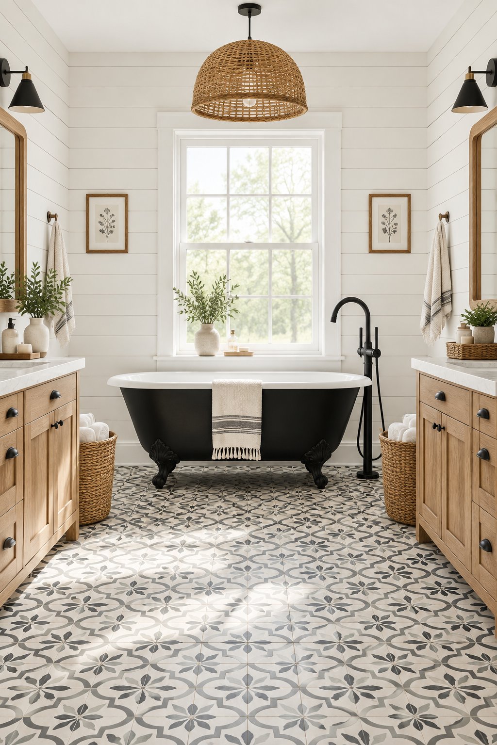 A bright bathroom with a freestanding bathtub, mirrors, tiled floor, and woven baskets.