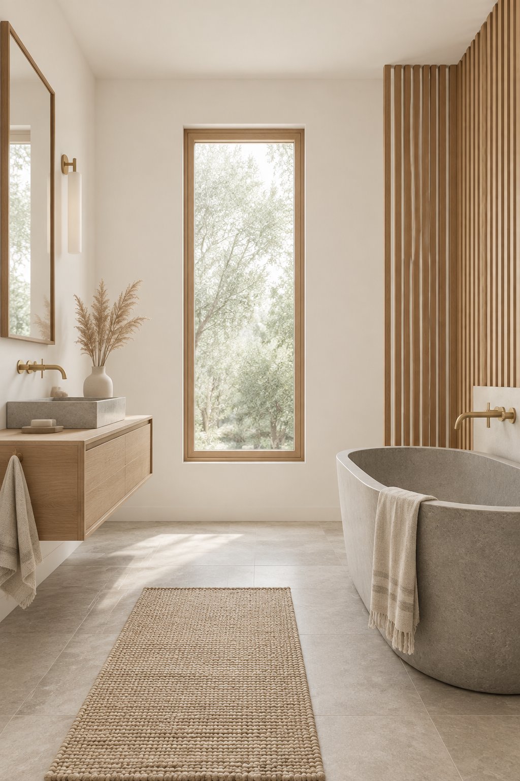 A calm bathroom with pale walls, a wooden slatted partition, a stone tub, a floating vanity, brass taps, and a vase of dried grasses.