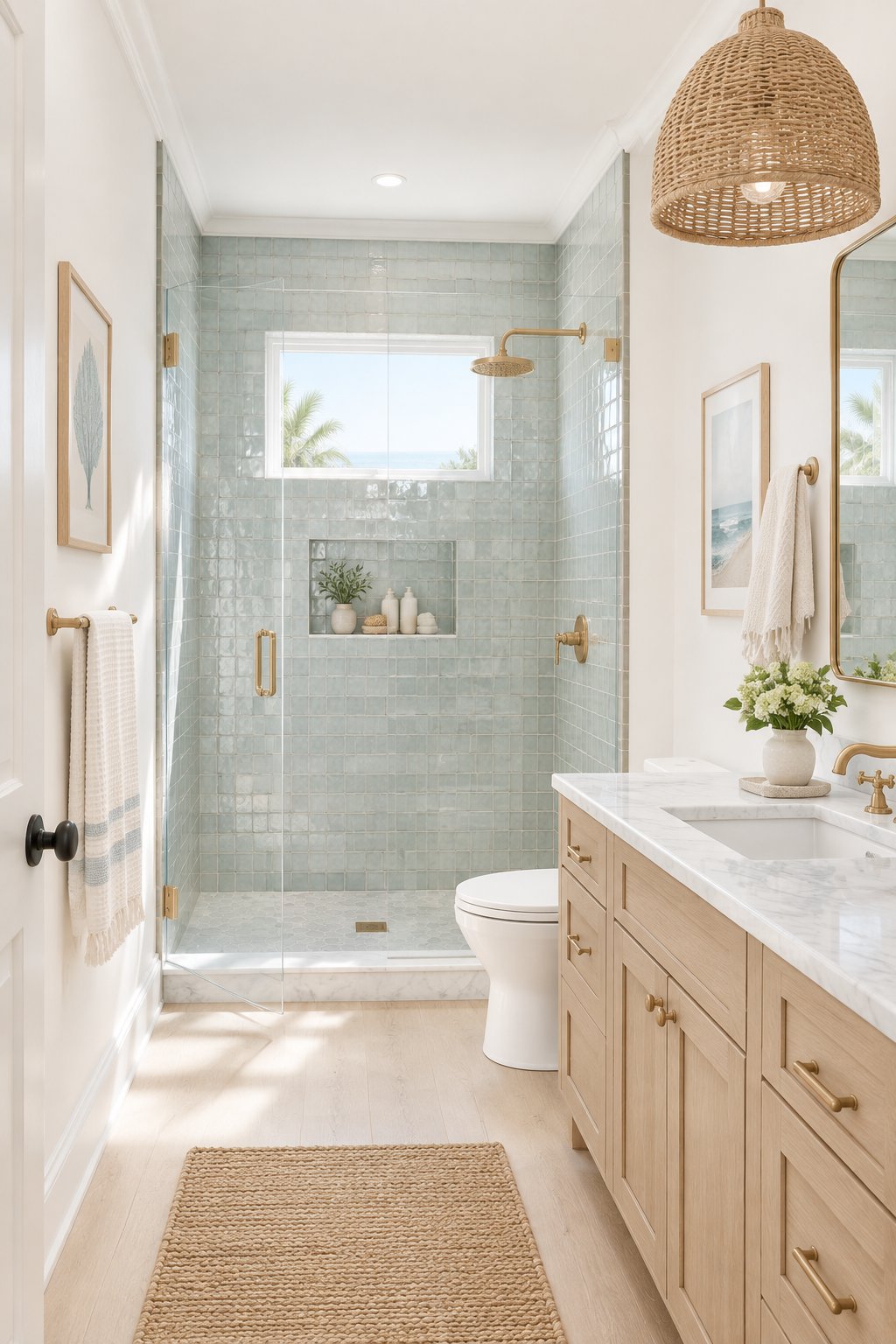 Bright bathroom with a glass-enclosed shower, pale blue-gray wall tile, brass fixtures, a white marble vanity, and a woven pendant light.