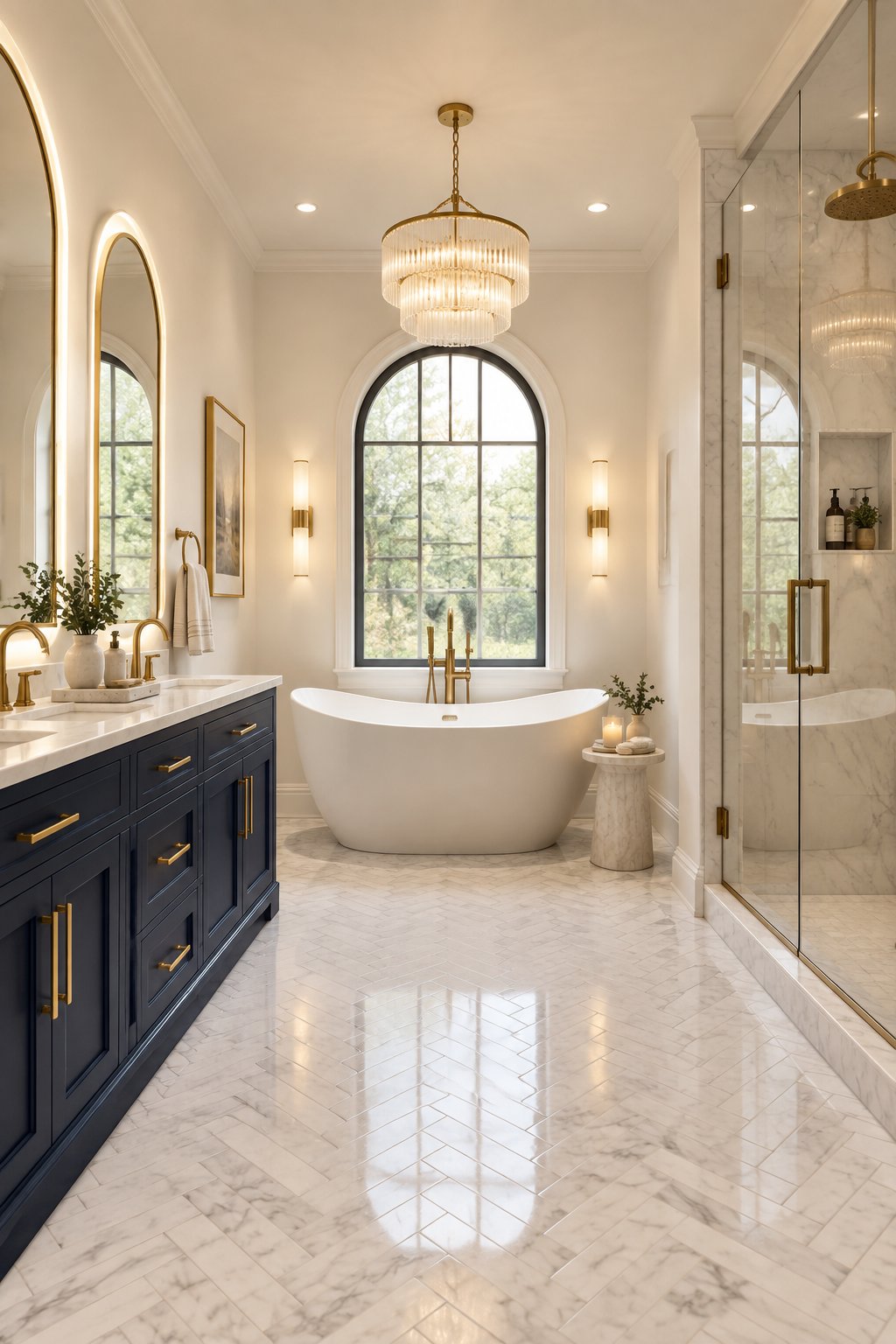 A refined bathroom with a navy double vanity, arched illuminated mirrors, white marble flooring, and a freestanding bathtub.