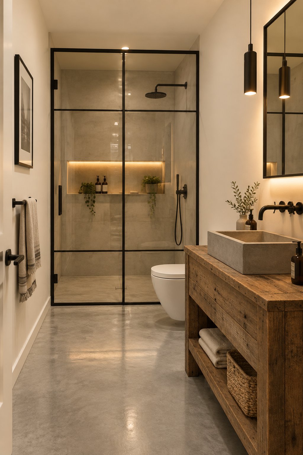 A modern bathroom with a wood vanity, concrete sink, glass shower partition, and light gray floor.