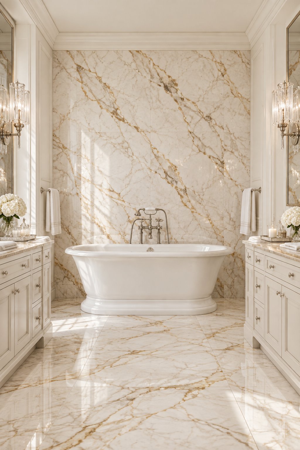 A luxurious bathroom with a freestanding bathtub, marble walls, light-colored walls, decorative molding, and elegant lighting.