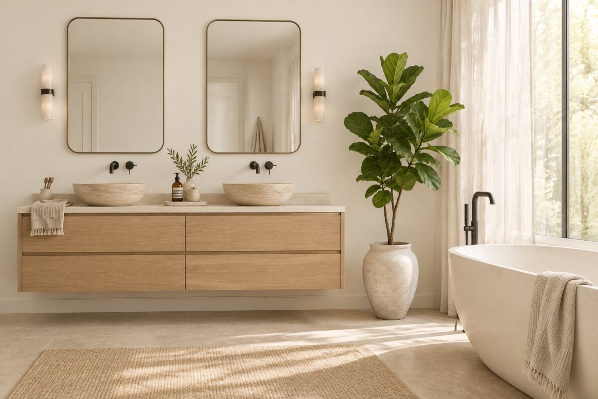 A bright bathroom with a double vanity, freestanding tub, large window, and tall potted plant.