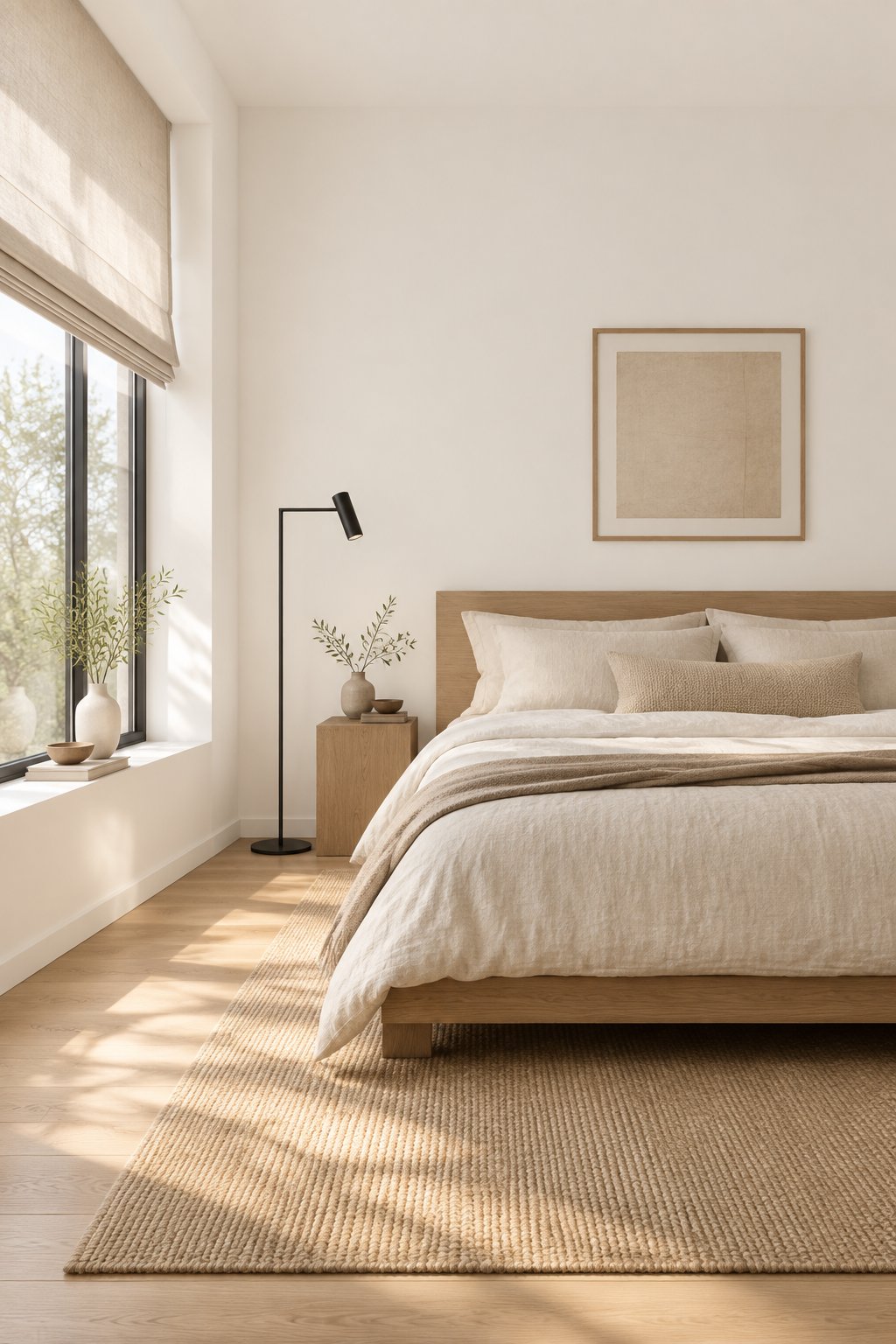 A calm bedroom with a low wooden bed, neutral bedding, a large window, and soft morning light.