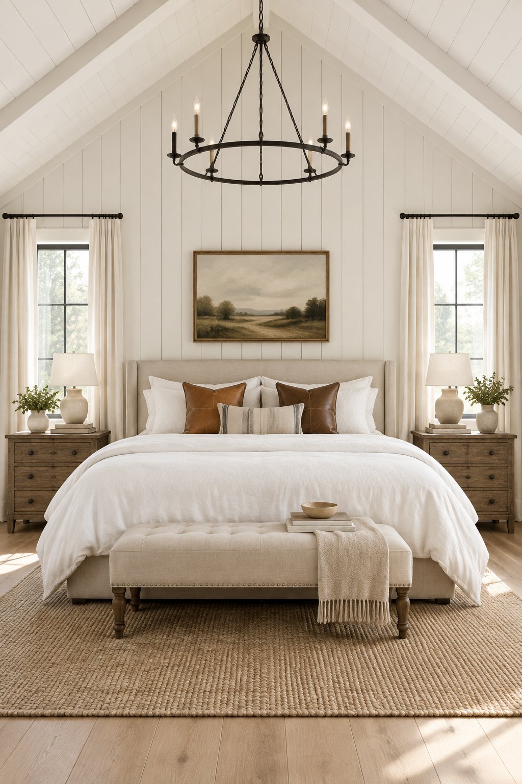 A cozy bedroom with a bed, pale wood-paneled walls, leather pillows, white bedding, and a hanging chandelier.