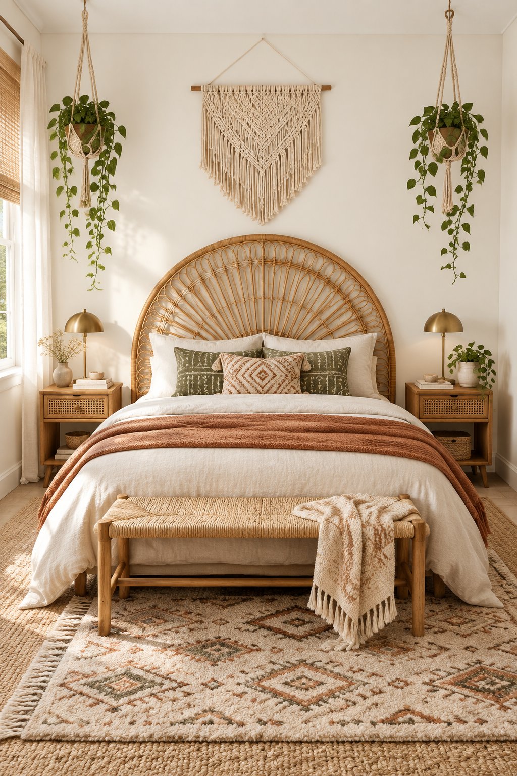 An airy bedroom with a bed, an arched headboard, wall hangings, hanging plants, and layered rugs.