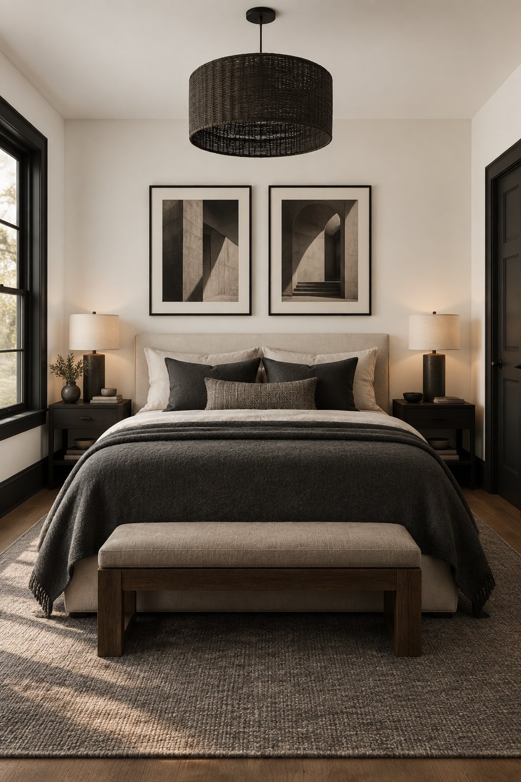 A modern bedroom with light walls, dark trim, a platform bed, gray bedding, and wall art.