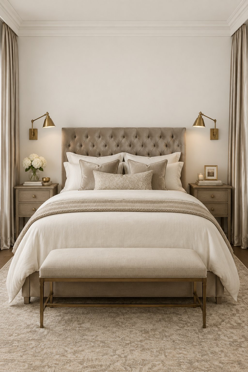 A softly lit bedroom with a tufted bed, wall sconces, crown molding, and long curtains.