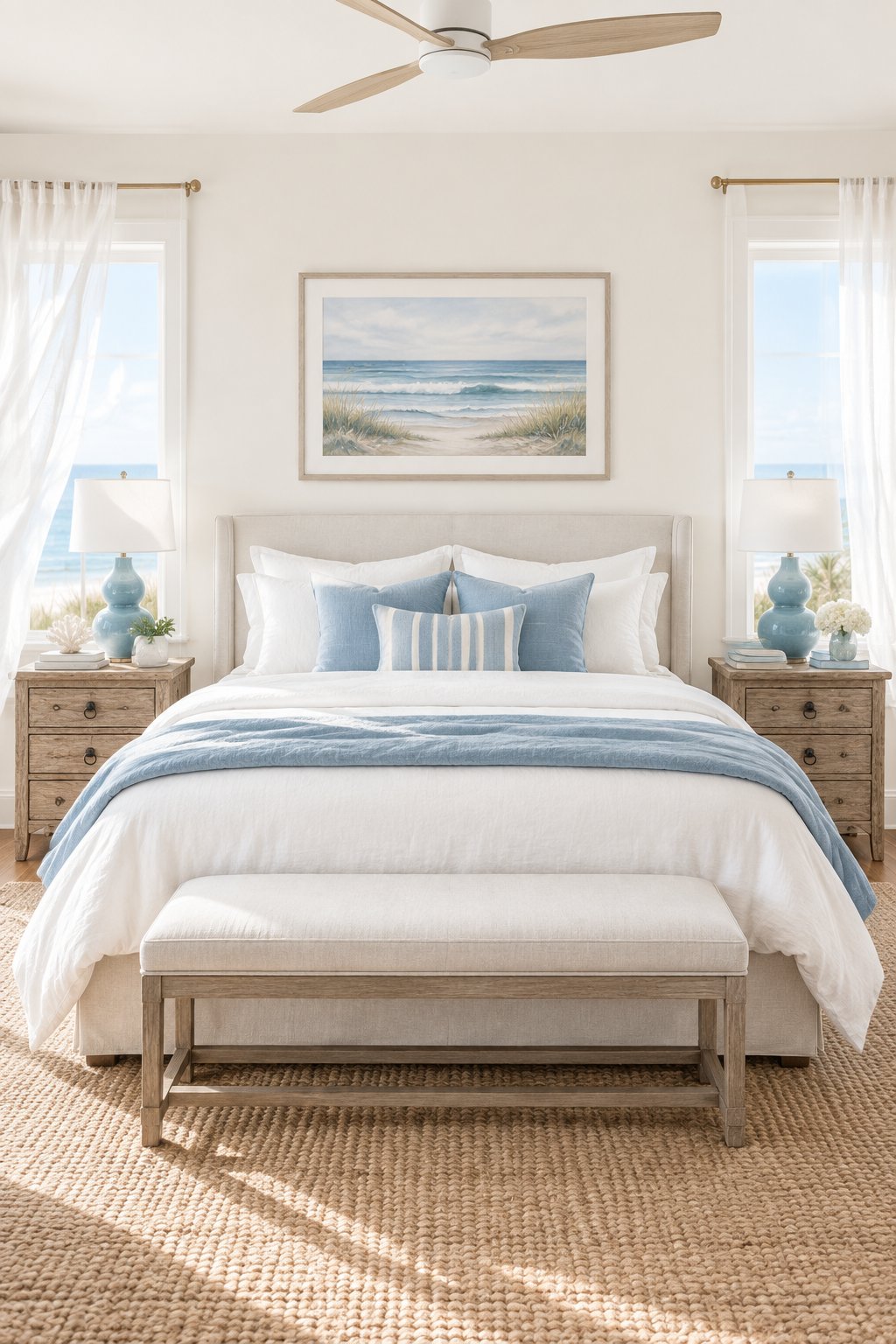 A bright coastal bedroom with pale walls, driftwood nightstands, blue lamps, and sheer curtains moving in a gentle breeze.