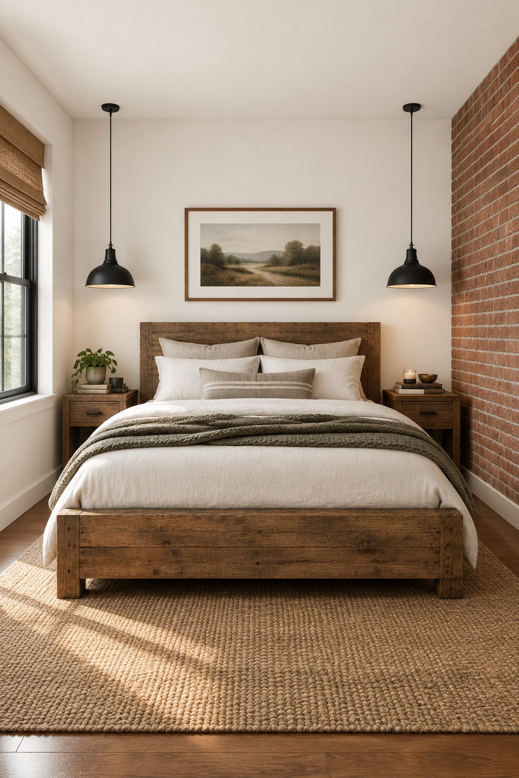 A bedroom with a bed, pale walls, a brick accent wall, and hanging lights.