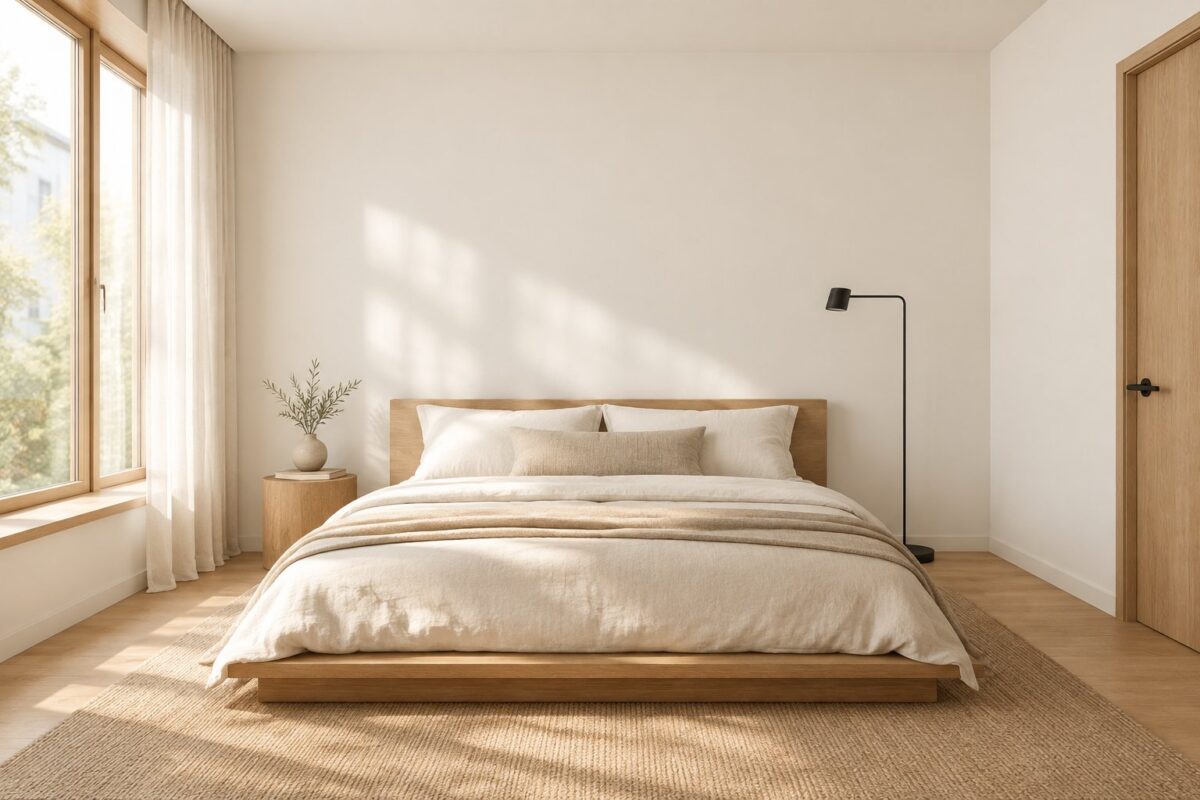 A calm bedroom with a low wooden bed, neutral bedding, a black floor lamp, and sunlight entering through a large window.