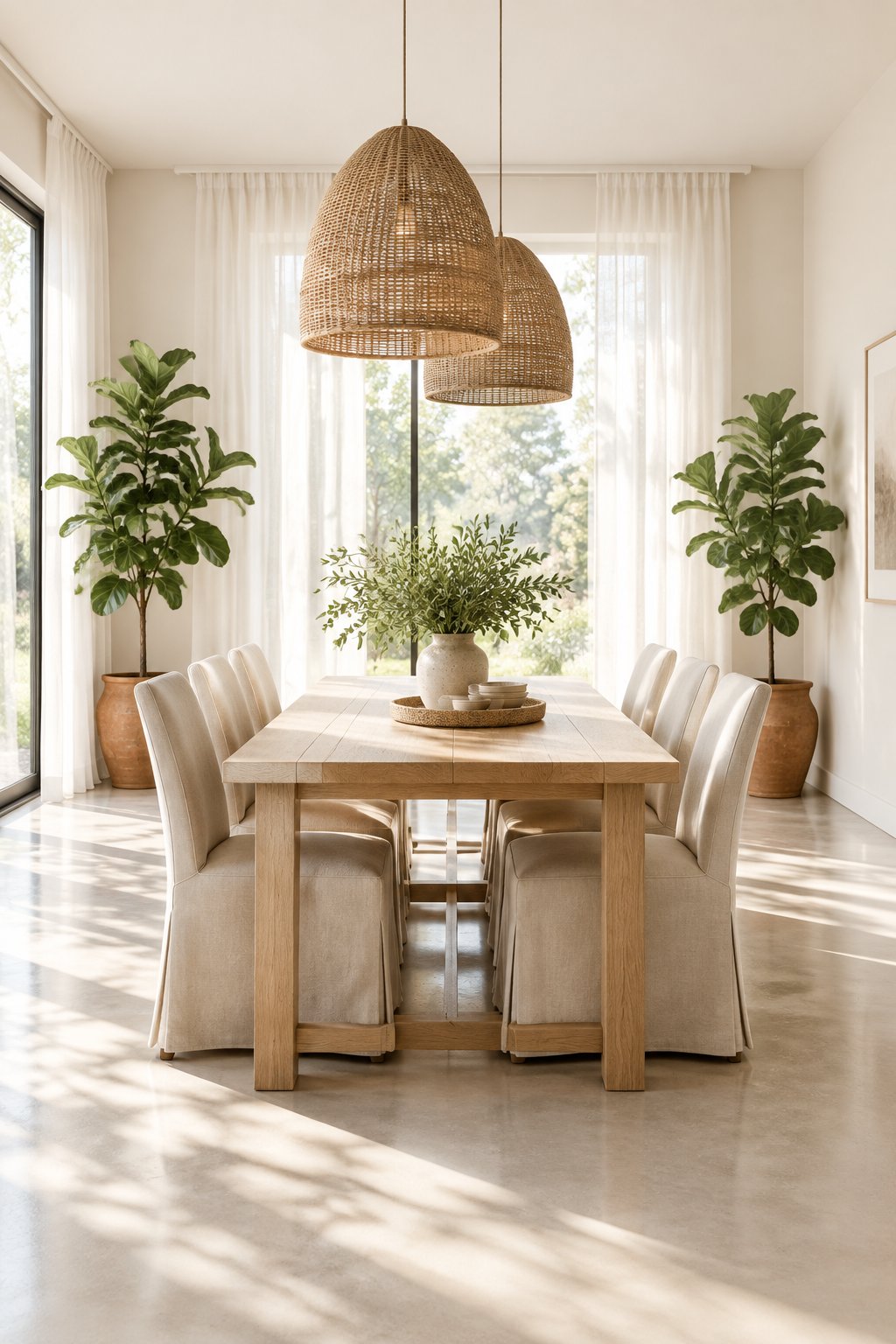 A bright dining room with a warm oak table, beige chairs, woven pendant lights, sheer curtains, concrete flooring, and potted green plants.