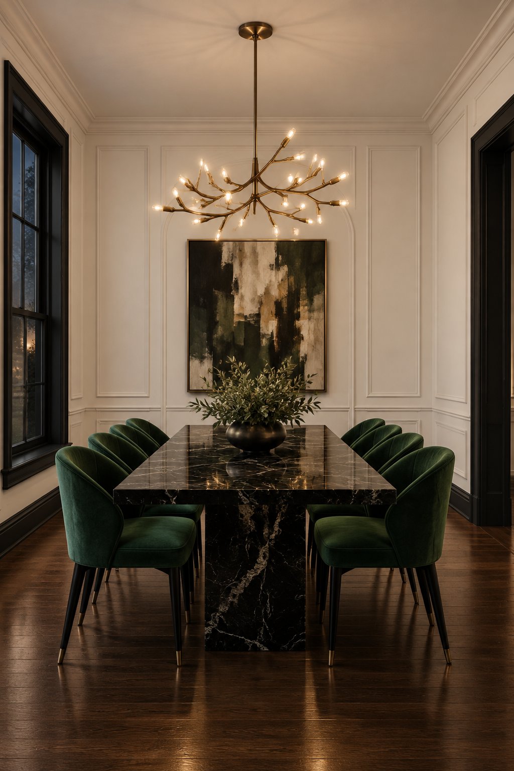 A dining room with pale paneled walls, dark trim, a marble table, green chairs, and a hanging chandelier.