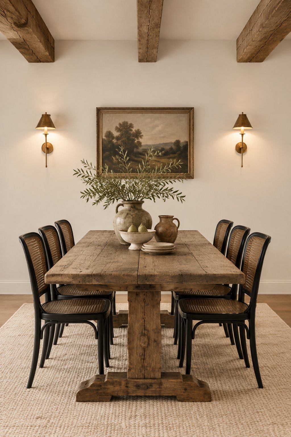A dining room with a wooden table, chairs, ceiling beams, wall lights, and a cream rug.
