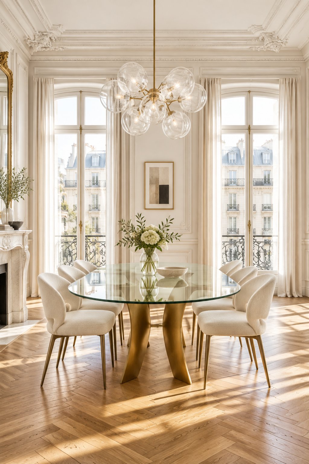 An elegant dining room with paneled walls, tall windows, a glass table, cream chairs, a chandelier, and herringbone wood flooring.