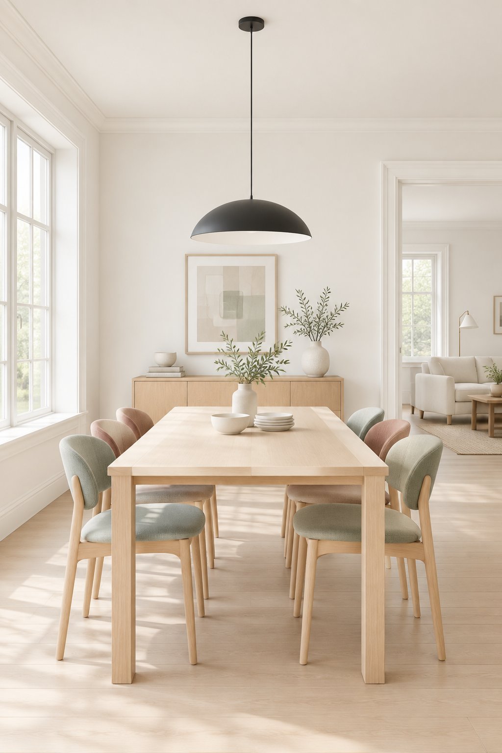 A bright dining room with a pale wood table, pastel chairs, ceramic tableware, and a black pendant light.