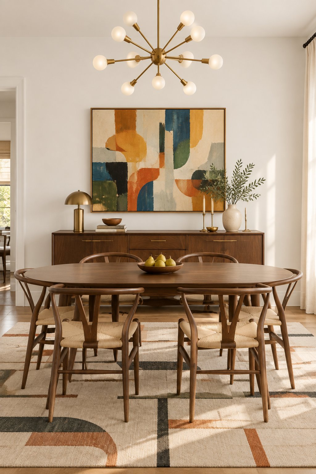 A dining room with a walnut table and chairs, a sideboard, colorful wall art, a geometric rug, and a ceiling light.