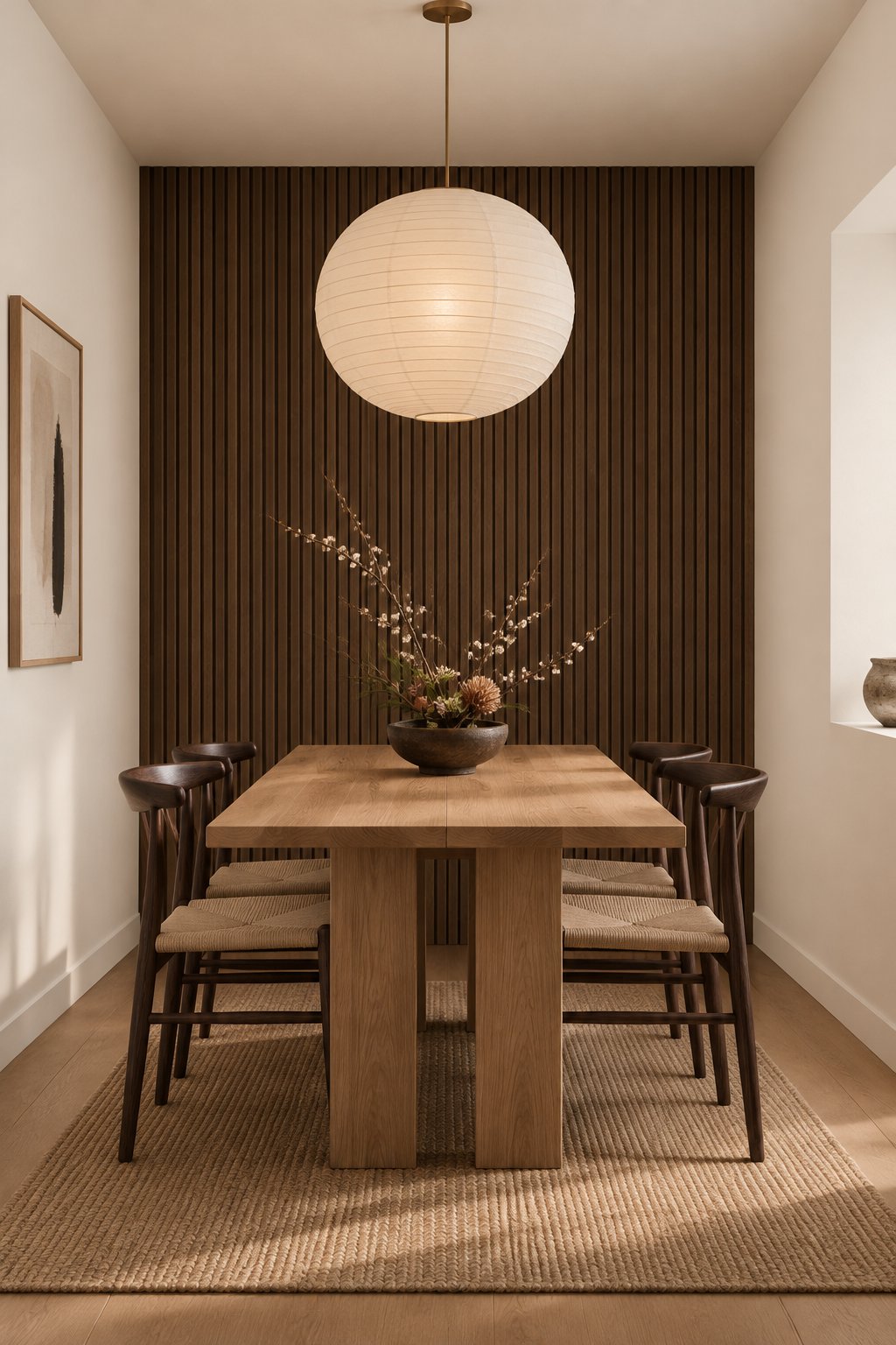 A dining alcove with a wooden table, dark chairs, a round pendant lamp, and flowers.