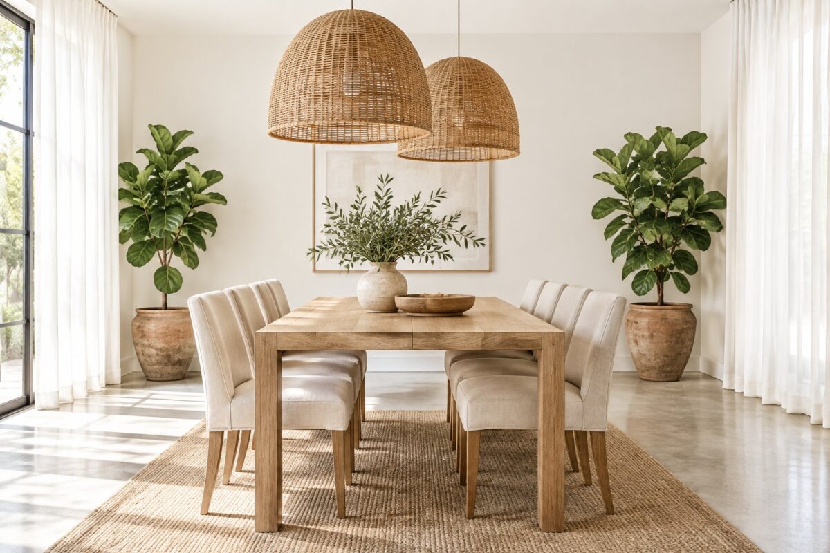 A bright dining room with a warm oak table, beige chairs, woven pendant lights, sheer curtains, concrete flooring, and green potted plants.