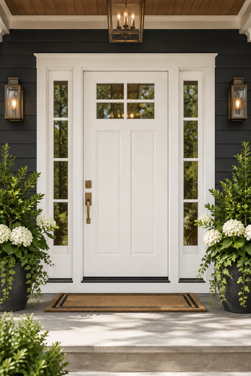 A light-colored front door on a welcoming porch, framed by dark siding, white trim, green plants, and warm metal hardware.