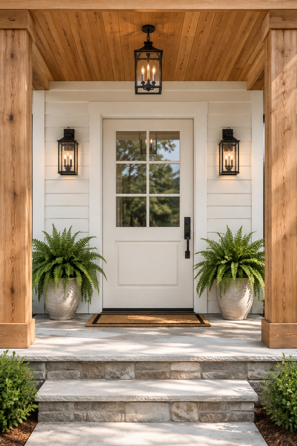 A welcoming front porch with a light-colored front door, natural wood accents, and green potted ferns.