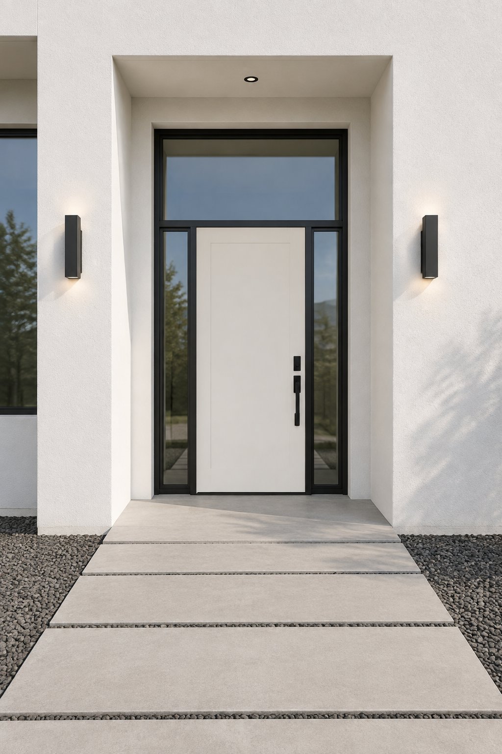 A modern home exterior with a light-colored front door, white stucco walls, black wall lights, and a concrete paver pathway.