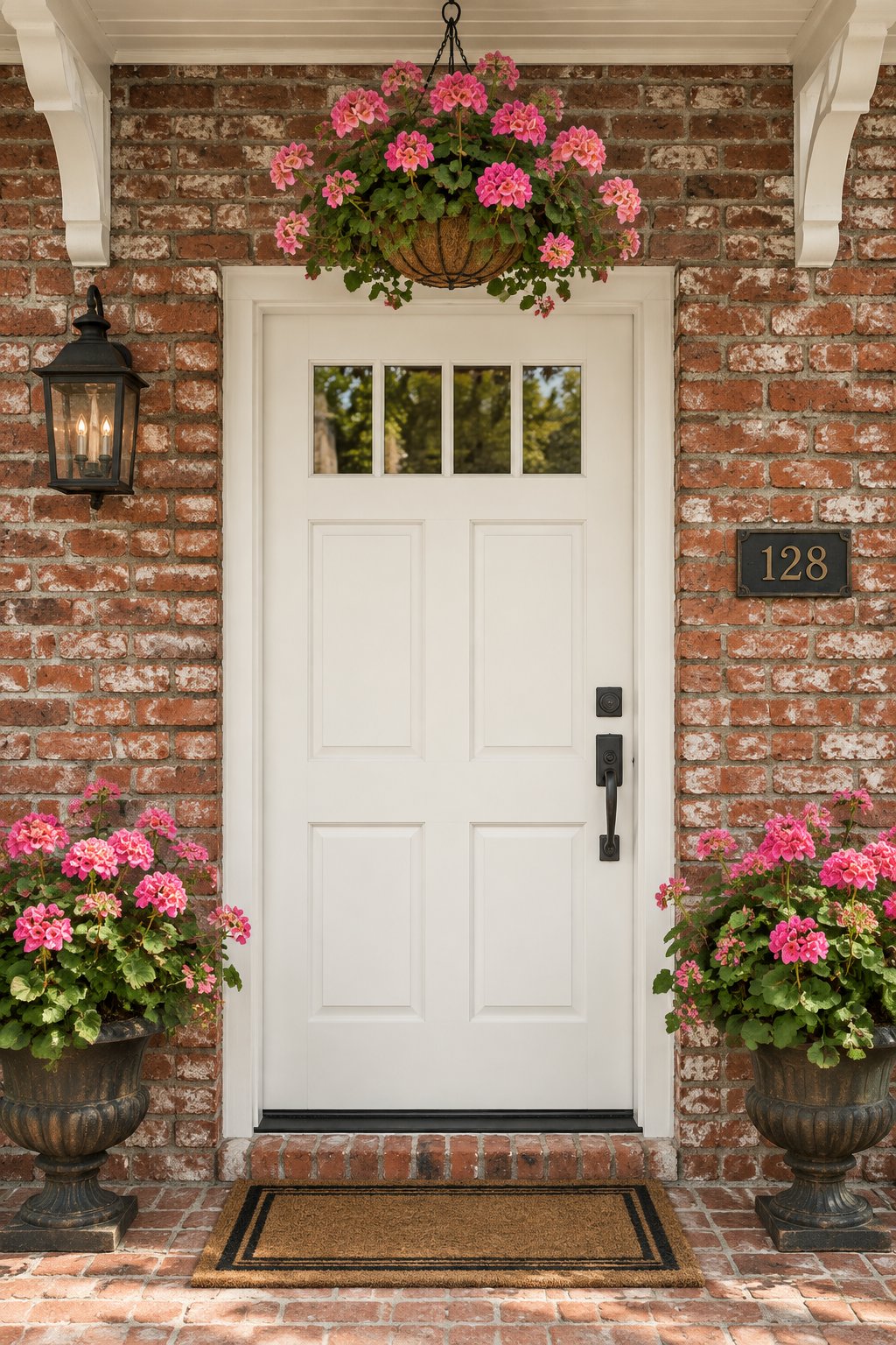 A cottage entrance with a pale front door, weathered red brick walls, and a hanging basket of pink flowers.