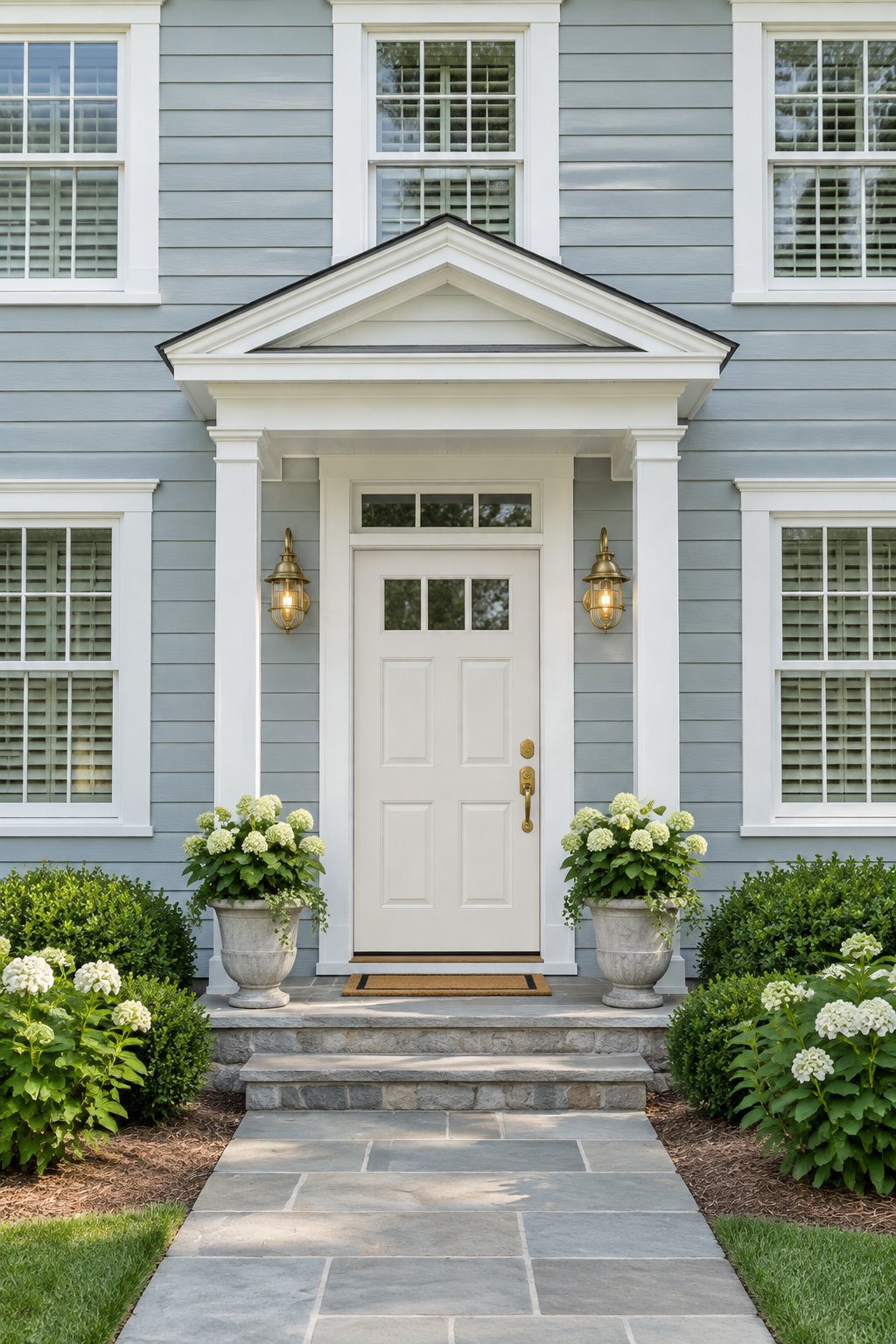 A coastal-style home with a pale front door, blue-gray siding, white trim, and brass wall lights.