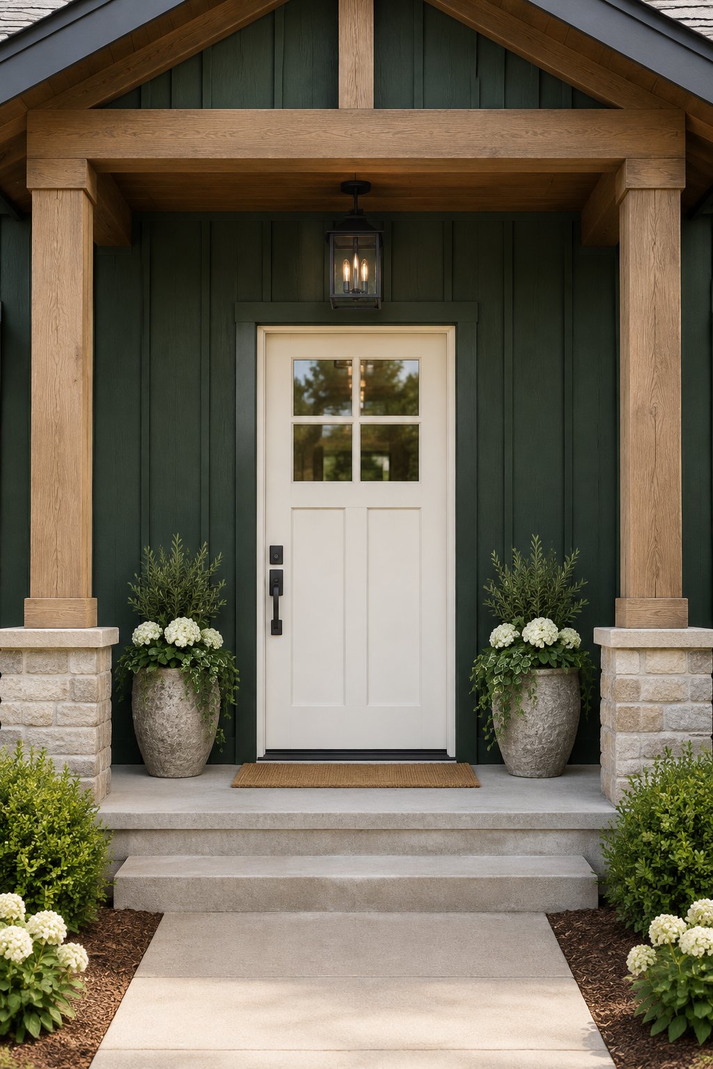 A modern craftsman entryway with a light-colored front door, dark green siding, and a black wall light.