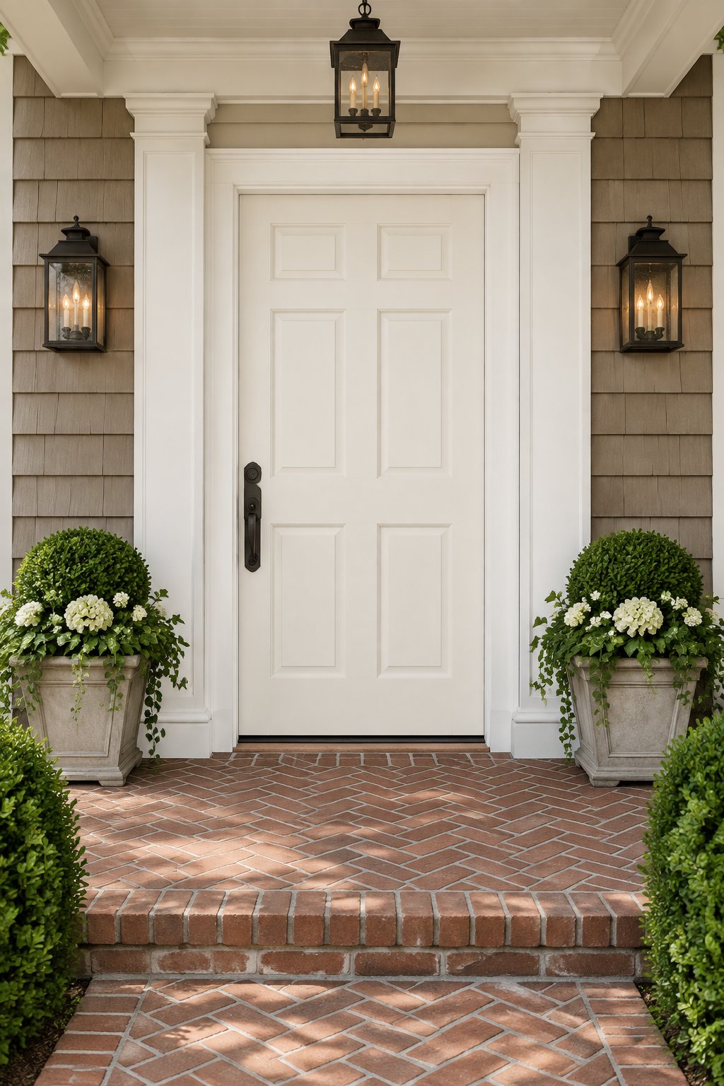 A traditional home entrance with a paneled front door, taupe siding, white trim, and a brick porch.