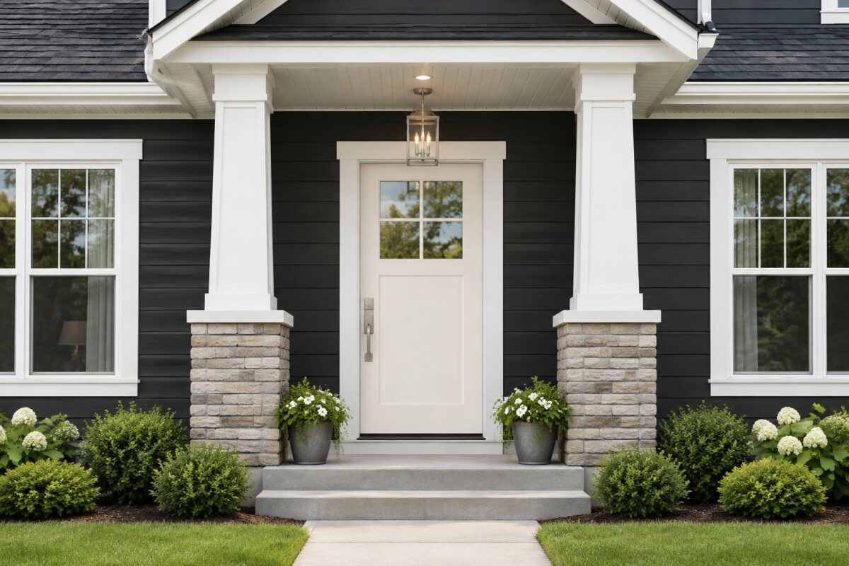 A home exterior with a front entry door and surrounding siding.
