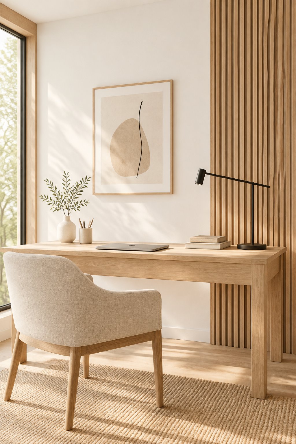 A sunlit home office with pale walls, a wooden desk, a slatted wood wall, a black lamp, and a linen chair.