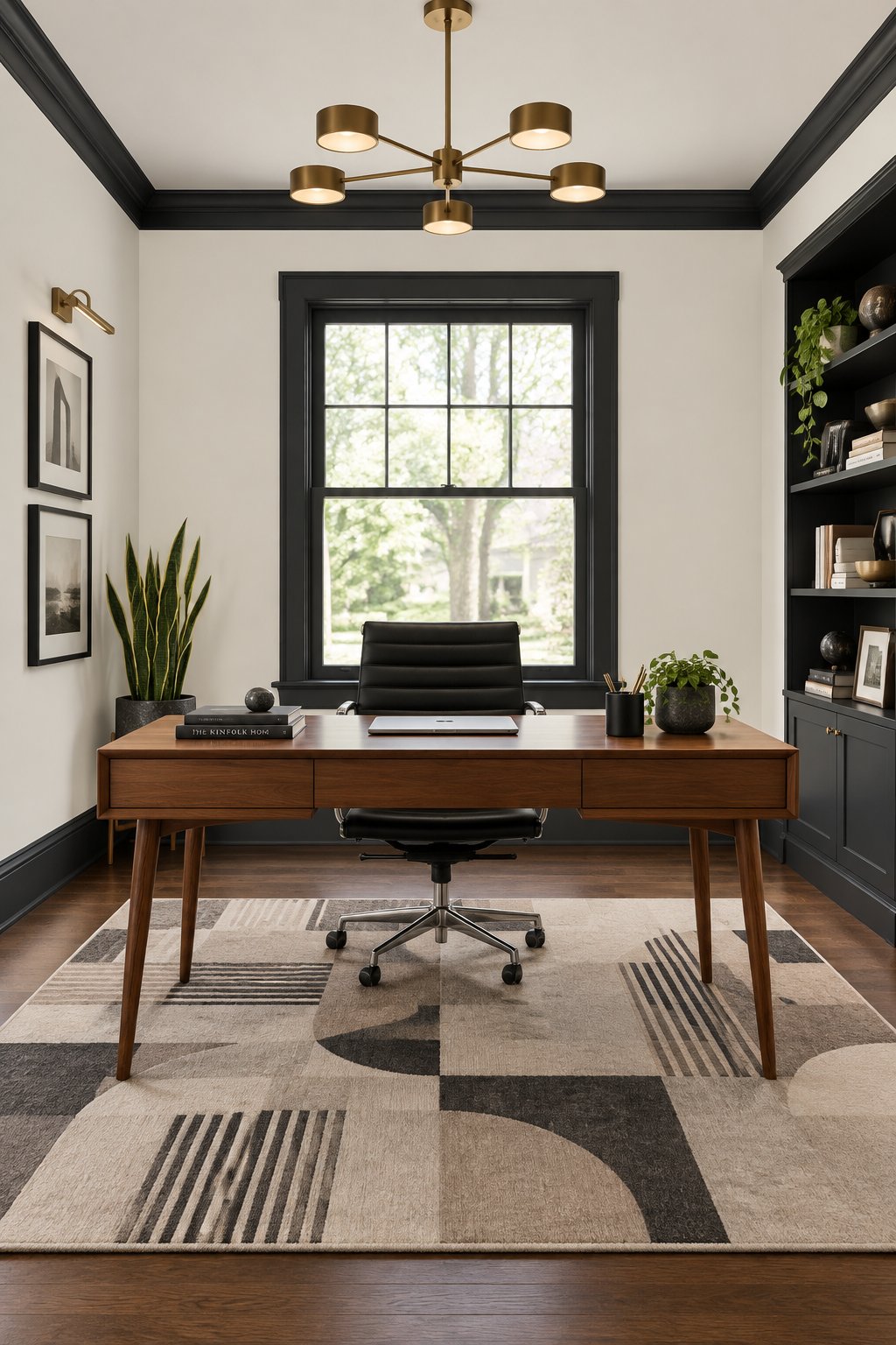 A modern home office with light walls, dark trim, a walnut desk, a black office chair, and a geometric rug.