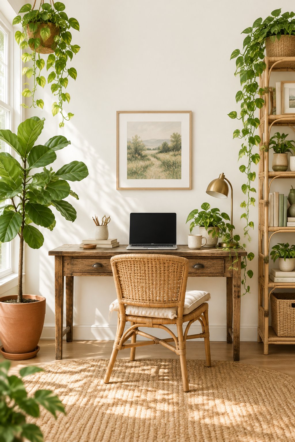 An airy home office with pale walls, cascading plants, a fiddle leaf fig tree, a wooden desk, and rattan shelving.