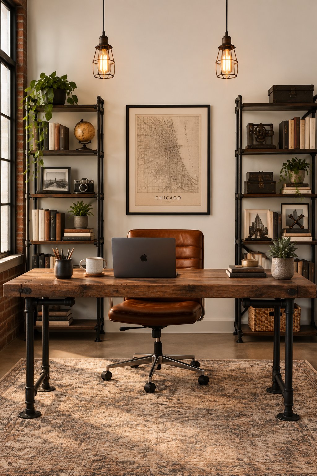 A loft home office with a textured light wall, wooden desk, shelves of books, and hanging lights.